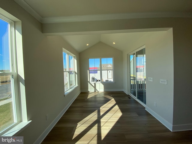 interior space featuring dark hardwood / wood-style flooring, vaulted ceiling, and ornamental molding