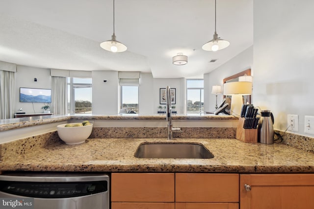 kitchen featuring dishwasher, plenty of natural light, hanging light fixtures, and sink