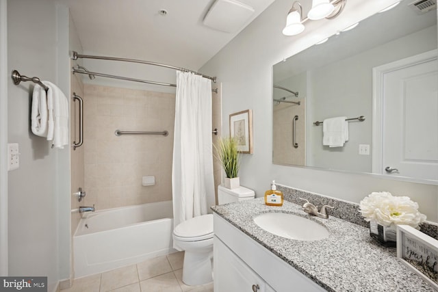 full bathroom with toilet, tile patterned flooring, vanity, and shower / tub combo with curtain