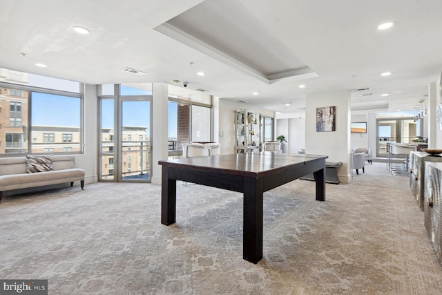 playroom with light colored carpet and a raised ceiling