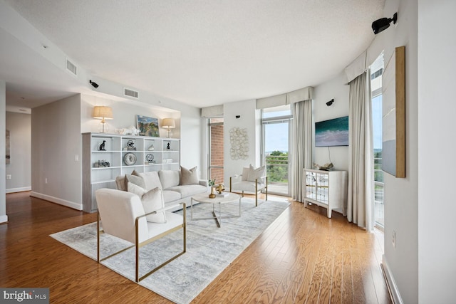 living room featuring hardwood / wood-style floors and a textured ceiling