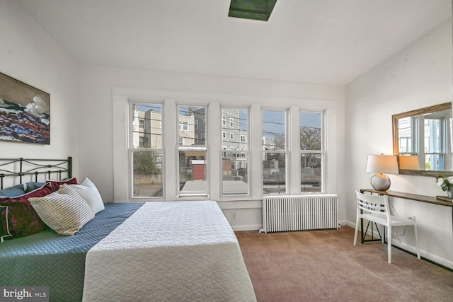 bedroom with carpet, radiator, and multiple windows