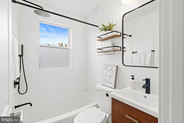 full bathroom with vanity, tiled shower / bath combo, tile walls, and toilet