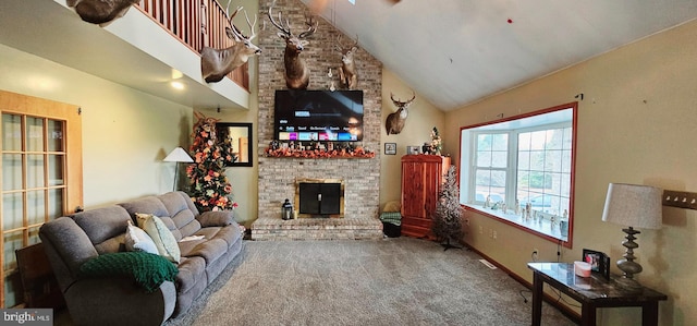 living room with a fireplace, carpet, and high vaulted ceiling