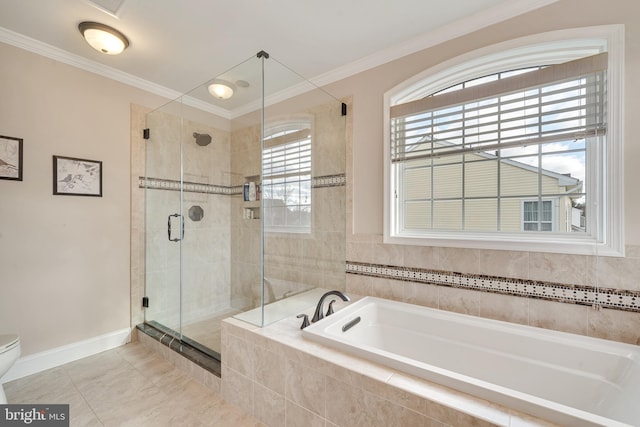 bathroom featuring plus walk in shower, tile patterned flooring, toilet, and crown molding