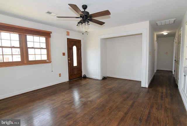 entrance foyer with ceiling fan and dark hardwood / wood-style floors