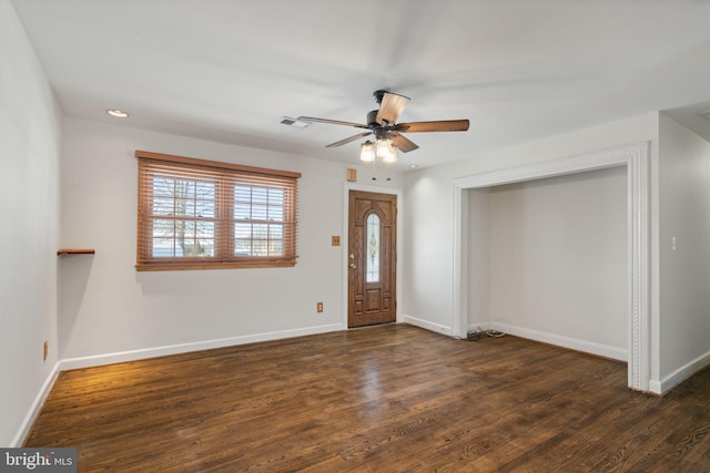 entryway featuring dark hardwood / wood-style flooring and ceiling fan