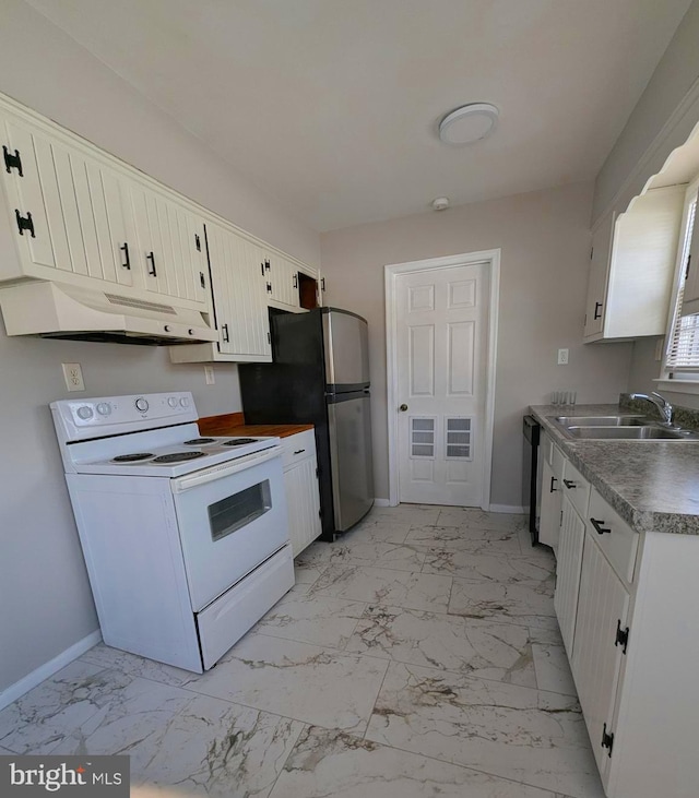 kitchen featuring white electric stove, dishwasher, sink, and white cabinets