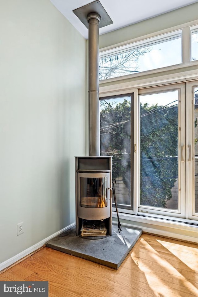 details featuring wood-type flooring and a wood stove