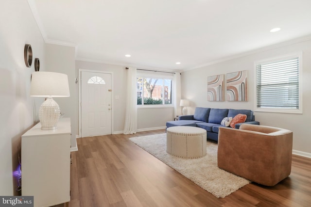 living room with crown molding and hardwood / wood-style floors