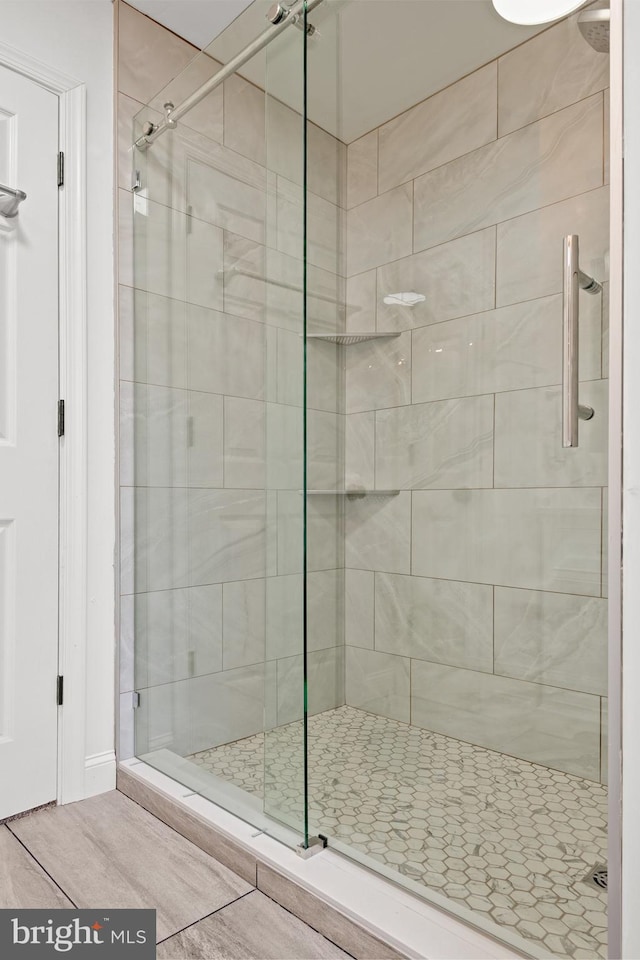 bathroom featuring wood-type flooring and walk in shower