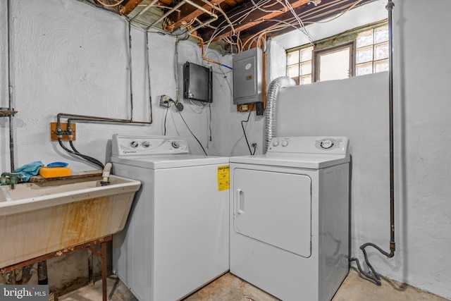 laundry area with washing machine and dryer and electric panel