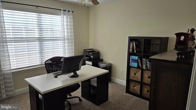 carpeted office featuring ceiling fan