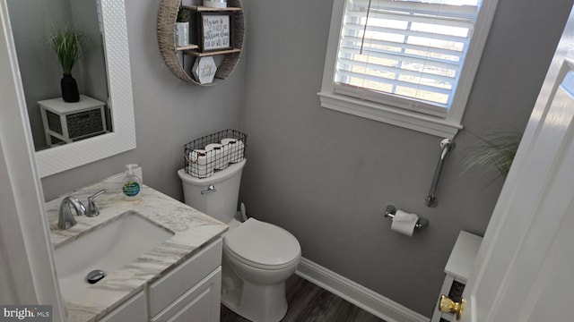 bathroom featuring vanity, wood-type flooring, and toilet