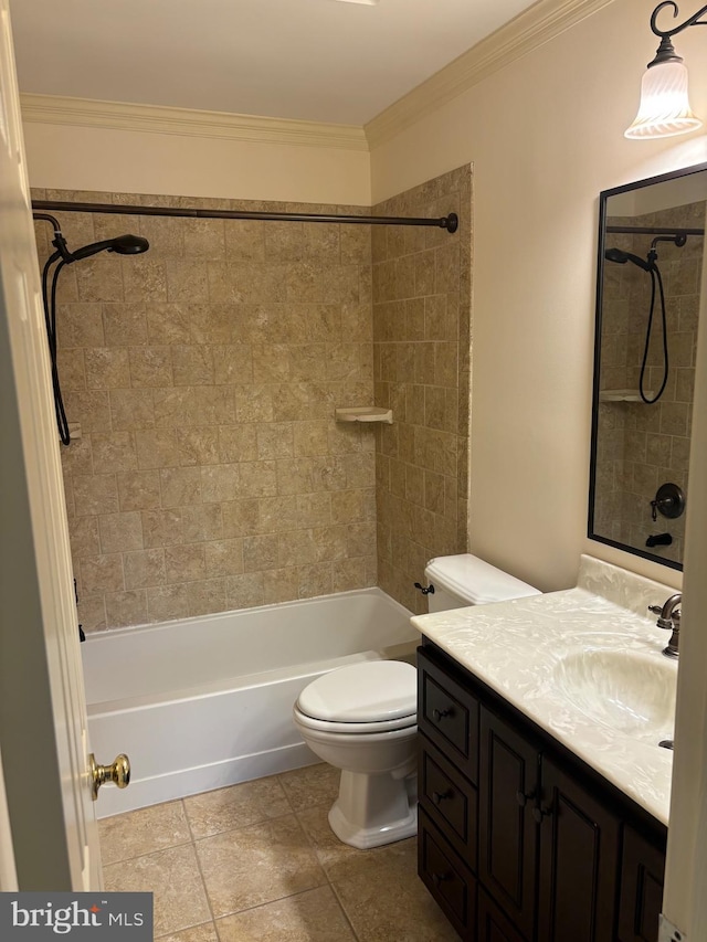 full bathroom with tile patterned flooring, vanity, toilet, and ornamental molding