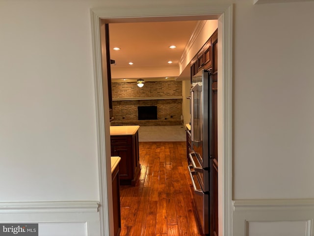 corridor featuring dark wood-type flooring