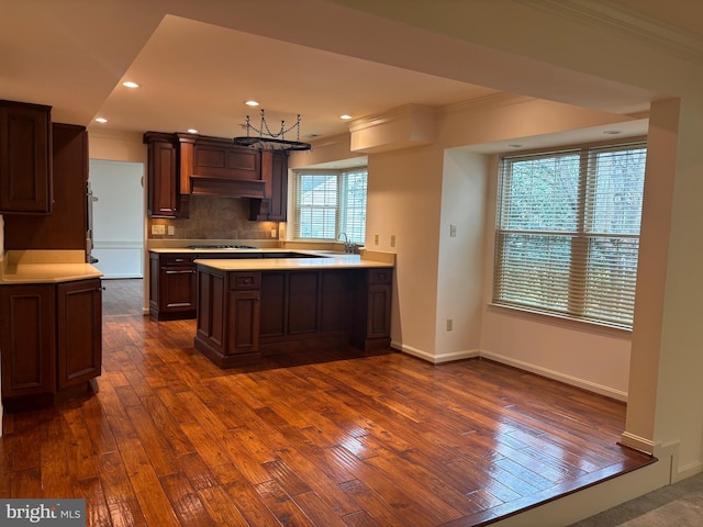 kitchen featuring sink, dark hardwood / wood-style flooring, crown molding, and backsplash