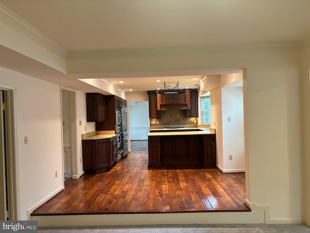 kitchen featuring crown molding, dark brown cabinets, and dark wood-type flooring