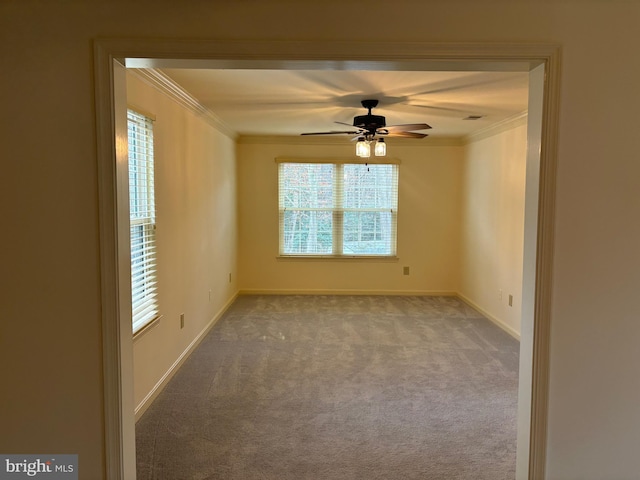 spare room featuring carpet flooring, plenty of natural light, and ornamental molding