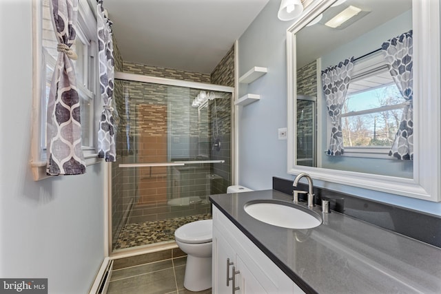 bathroom with tile patterned floors, toilet, vanity, and walk in shower