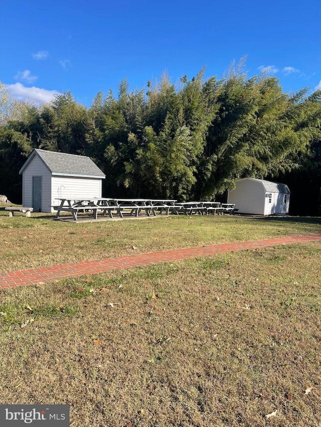 view of yard featuring a rural view and a storage shed