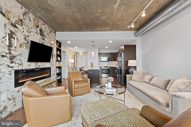 living room featuring a fireplace and light hardwood / wood-style floors