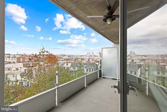 balcony featuring ceiling fan