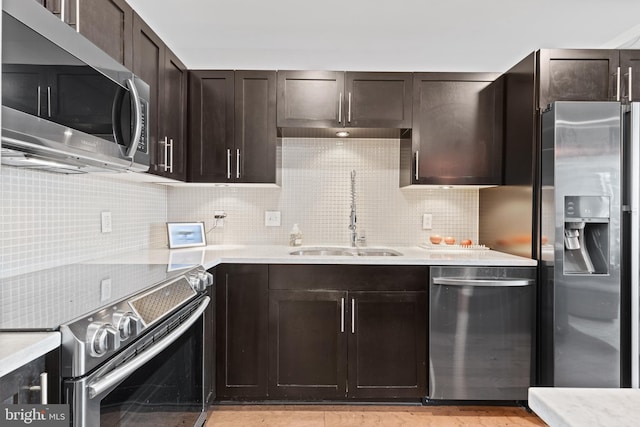 kitchen with backsplash, sink, stainless steel appliances, and dark brown cabinets