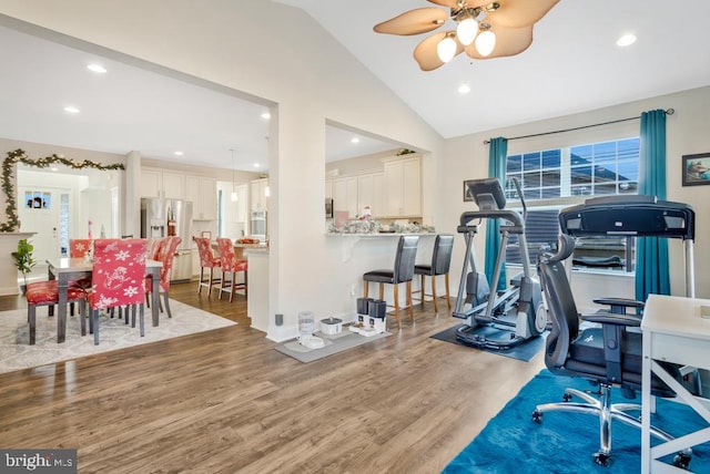 exercise area with lofted ceiling, hardwood / wood-style floors, and ceiling fan