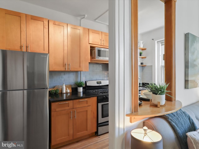 kitchen with decorative backsplash, light hardwood / wood-style flooring, and stainless steel appliances