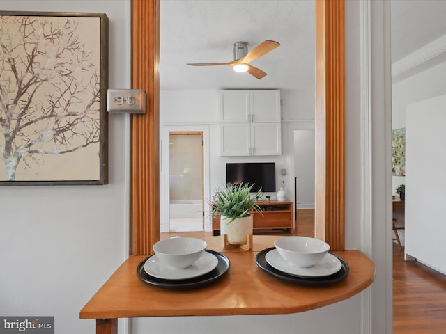 dining space with hardwood / wood-style flooring and ceiling fan