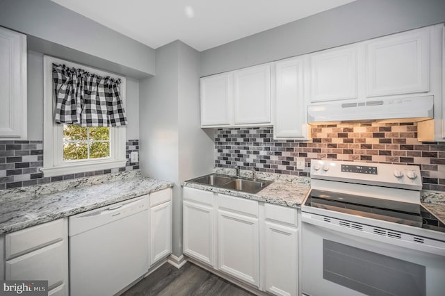 kitchen featuring sink, white cabinets, white appliances, and custom exhaust hood