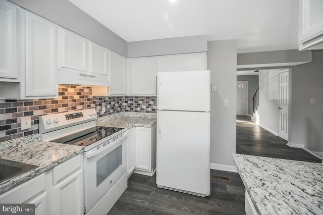 kitchen with dark hardwood / wood-style flooring, custom range hood, white cabinets, and white appliances