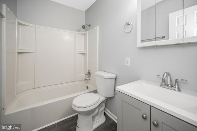 full bathroom featuring shower / bathing tub combination, vanity, toilet, and wood-type flooring