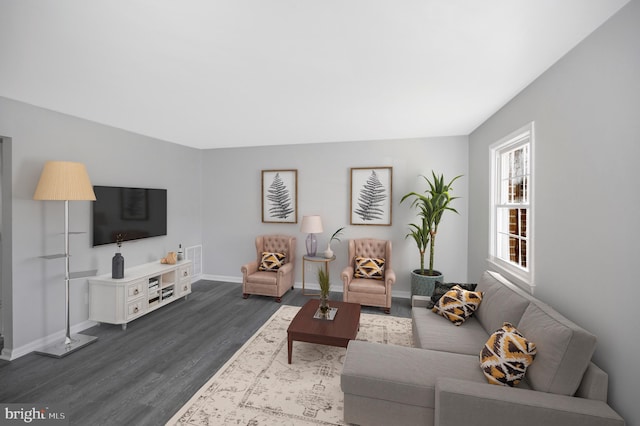 living room featuring dark wood-type flooring