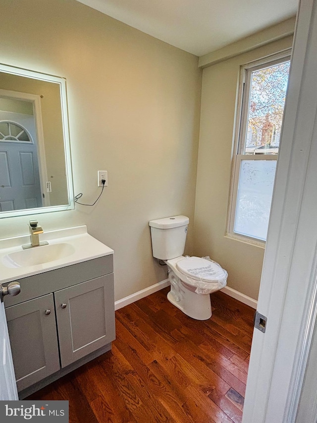 bathroom with wood-type flooring, vanity, and toilet