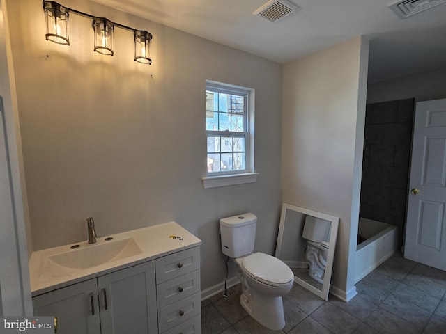 full bathroom featuring toilet, tile patterned flooring, visible vents, and vanity