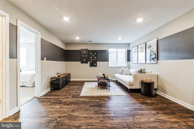 living room with dark hardwood / wood-style flooring