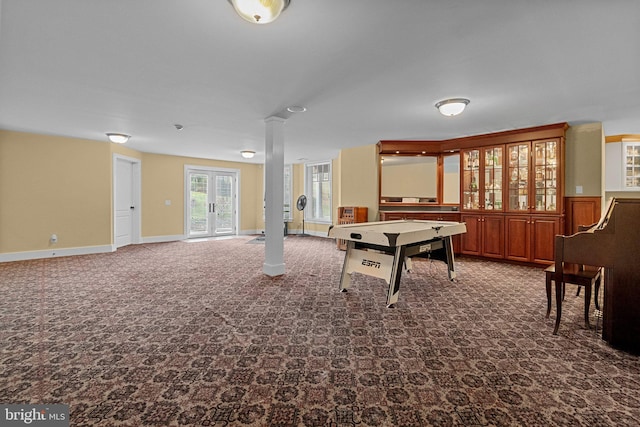 game room with french doors, carpet flooring, and ornate columns