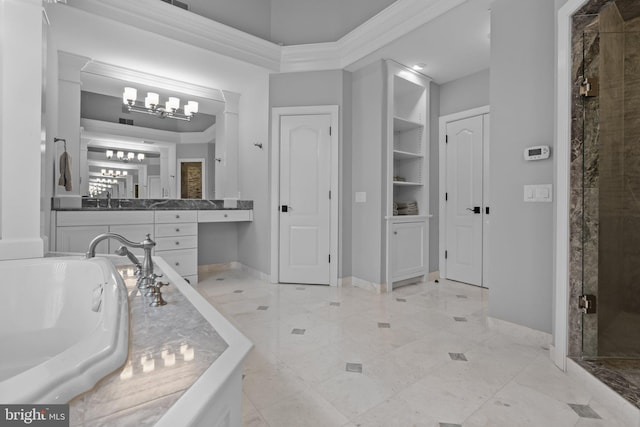 bathroom with independent shower and bath, vanity, a notable chandelier, and crown molding