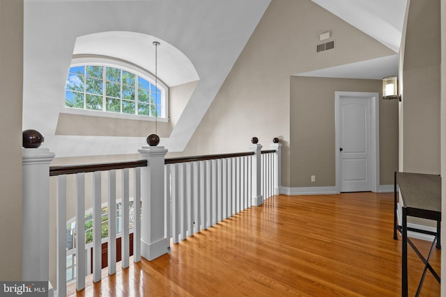 hallway featuring lofted ceiling and wood-type flooring