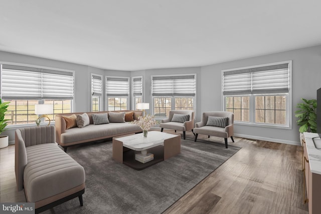 living room featuring dark hardwood / wood-style flooring and a healthy amount of sunlight