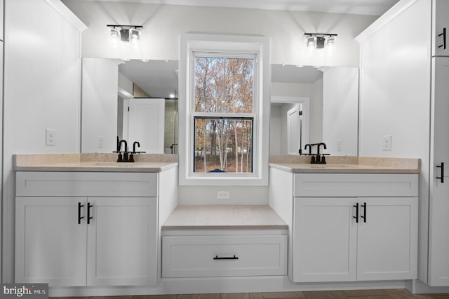 bathroom with two vanities and a sink