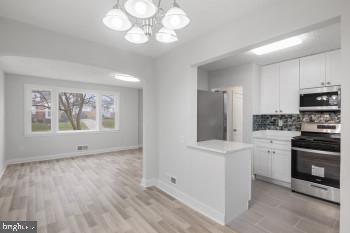 kitchen with a chandelier, white cabinets, hanging light fixtures, and appliances with stainless steel finishes