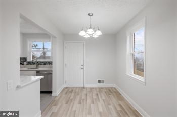 unfurnished dining area featuring light hardwood / wood-style floors, sink, and a chandelier