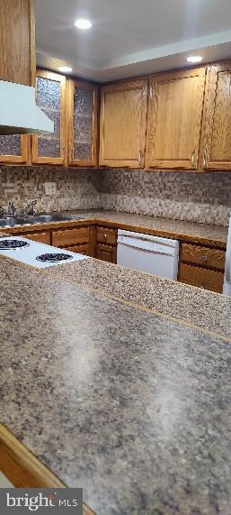 kitchen featuring backsplash, white dishwasher, and sink