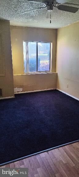 carpeted empty room featuring a textured ceiling and ceiling fan