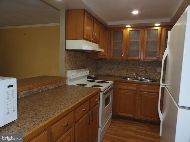 kitchen with backsplash, white appliances, sink, and dark wood-type flooring