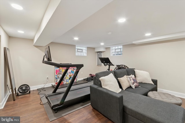 exercise room featuring wood-type flooring