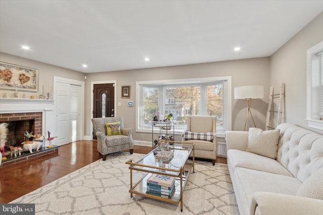 living room with a fireplace and hardwood / wood-style flooring